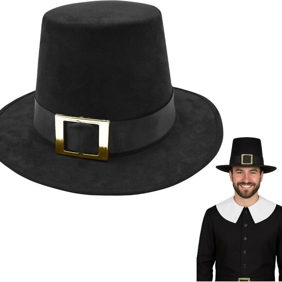 Other - Deluxe Adult Black Pilgrim Hat with Gold Buckle Faux Suede Thanksgiving Turkey D
